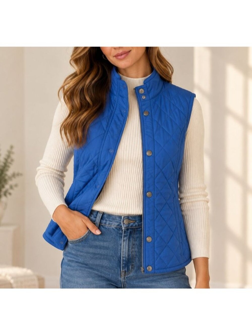 Vintage Kate Lord Quilted Blue Vest Zip Snap Front Preppy Outerwear
